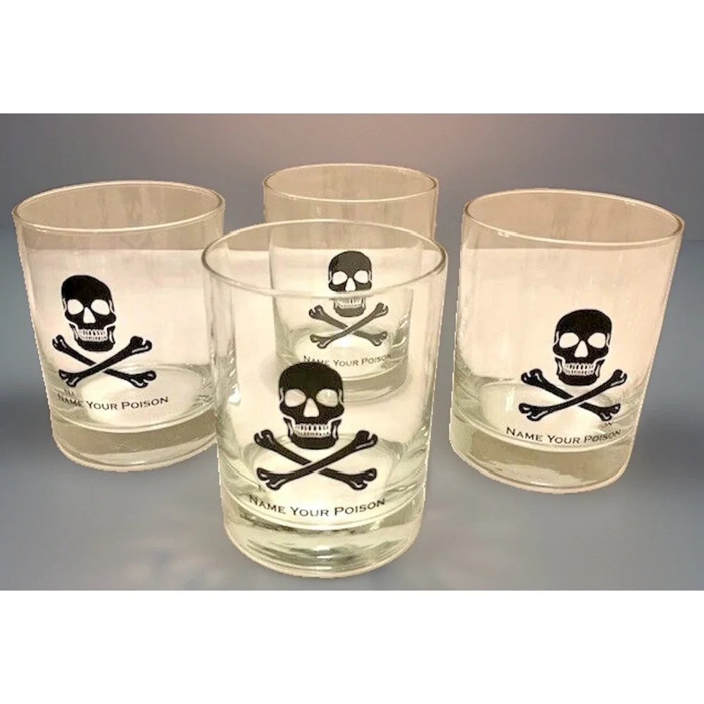 Halloween Skull Crossbones Name Your Poison Rocks Glass VTG MCM Glasses Set 4PC